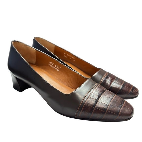 VTG Ralph Lauren Womens Brown Croc Embossed Block Heel Pump Size 7 Made in Spain - Picture 2 of 13